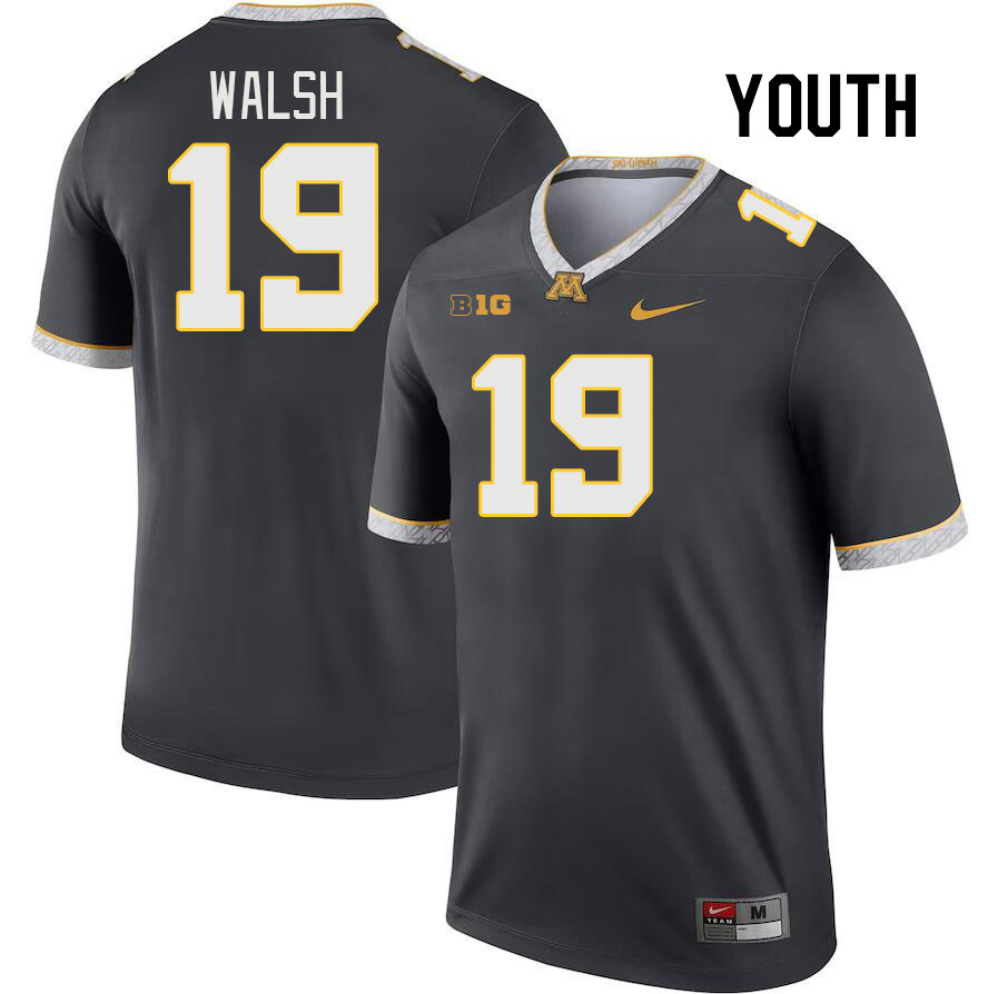 Youth #19 Pierce Walsh Minnesota Golden Gophers College Football Jerseys Stitched Sale-Charcoal - Click Image to Close
